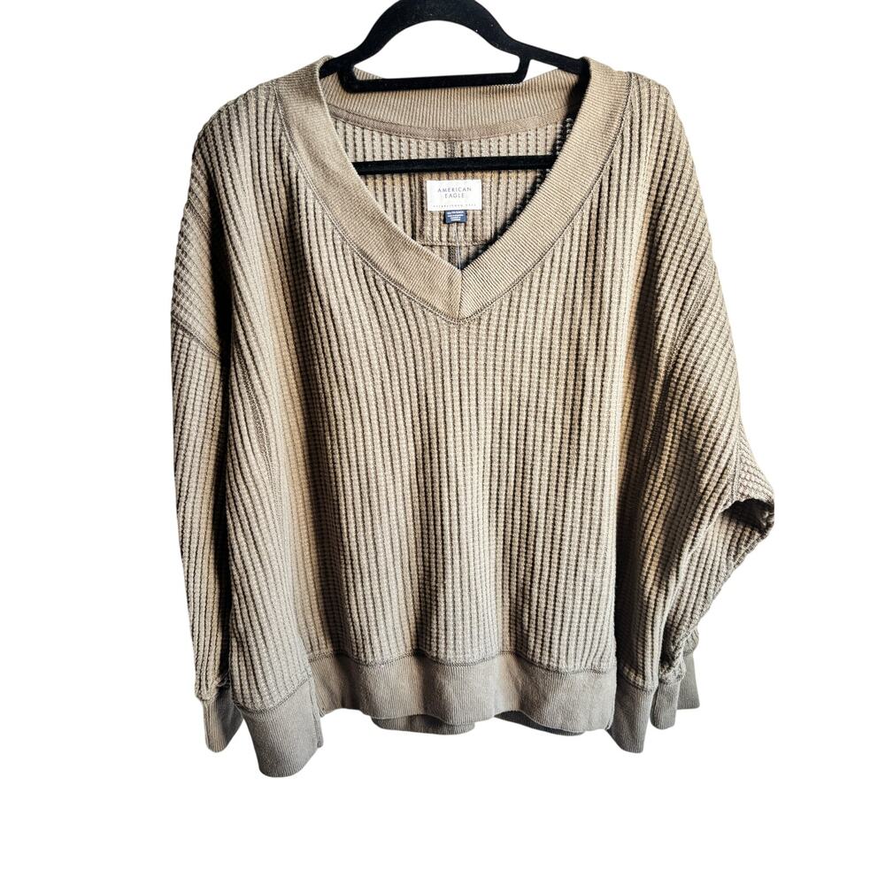 American Eagle Waffle Knit Sweater V Neck Oversized Taupe XS NWT